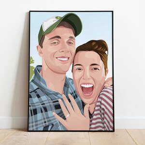May include: A framed illustration of a couple, a man wearing a green baseball cap and a plaid shirt, and a woman wearing a striped shirt, smiling and looking at the camera. The woman is wearing a ring on her left ring finger.