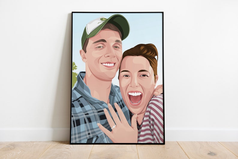 May include: A framed illustration of a couple, a man wearing a green baseball cap and a plaid shirt, and a woman wearing a striped shirt, smiling and looking at the camera. The woman is wearing a ring on her left ring finger.