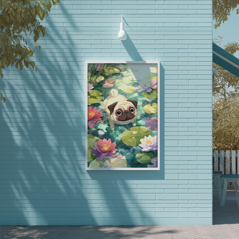 A framed illustration of a pug dog swimming in a pond filled with colorful lily pads and flowers, set against a blue brick wall.