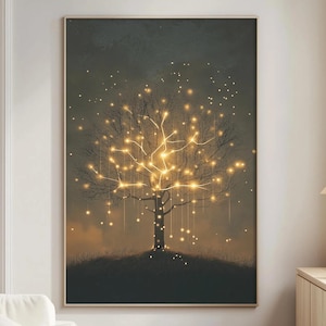 May include: A framed art print depicts a tree illuminated with golden lights against a dark, atmospheric background. The artwork features a silhouette of a tree with glowing branches and falling light particles, creating a dreamy, ethereal scene. The color palette is dominated by dark greens, browns, and gold.