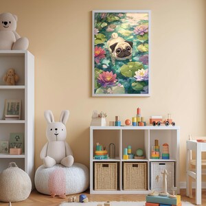 A cozy children's room with a white bookshelf, a plush bunny, a colorful toy set, and a framed picture of a pug dog swimming in a pond with lily pads.