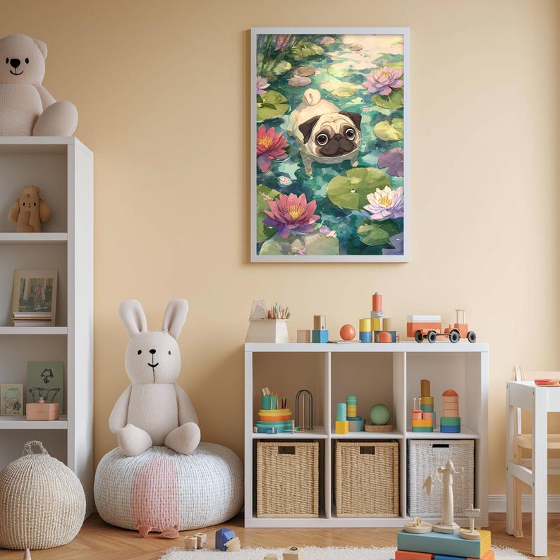 A cozy children's room with a white bookshelf, a plush bunny, a colorful toy set, and a framed picture of a pug dog swimming in a pond with lily pads.