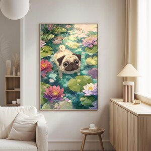 A pug dog is depicted swimming in a pond filled with lily pads and pink flowers, surrounded by green lily pads and other aquatic plants.