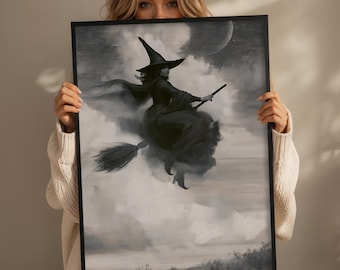 Moon Witch Wall Art - Gothic Witch Silhouette Print, Dark Fantasy Halloween Decor