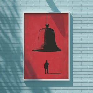 Puede incluir: Impresión artística enmarcada con una silueta de campana negra sobre una pequeña figura sobre un fondo rojo. La obra de arte está en un marco blanco y está montada en una pared de ladrillo azul claro.