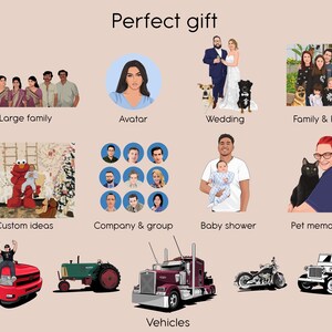 May include: A collage of images showing different types of custom cartoon portraits, including family portraits, individual avatars, wedding portraits, family and pet portraits, custom ideas, company and group portraits, baby shower portraits, pet memorial portraits, and vehicles.