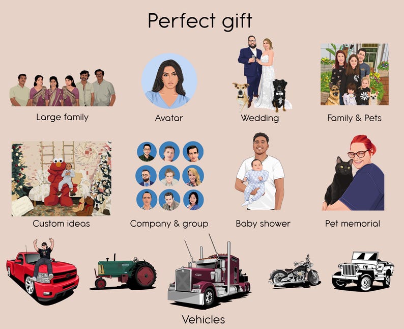 May include: A collage of images showing different types of custom cartoon portraits, including family portraits, individual avatars, wedding portraits, family and pet portraits, custom ideas, company and group portraits, baby shower portraits, pet memorial portraits, and vehicles.