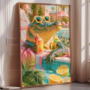 A large framed painting depicting a colorful alligator wearing sunglasses and holding a drink, surrounded by tropical foliage and a swimming pool.