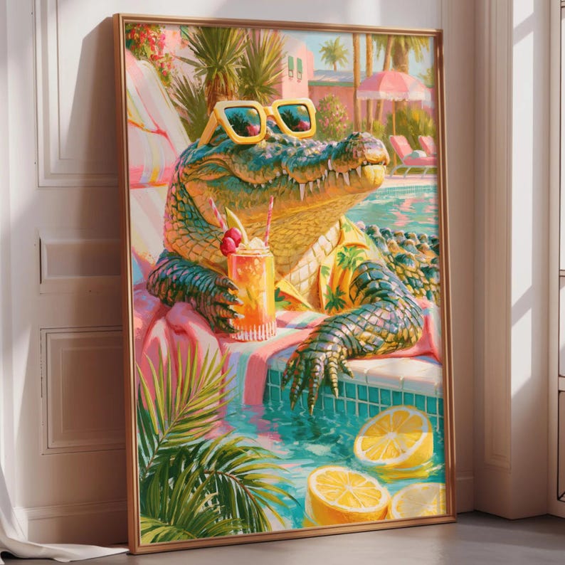 A large framed painting depicting a colorful alligator wearing sunglasses and holding a drink, surrounded by tropical foliage and a swimming pool.