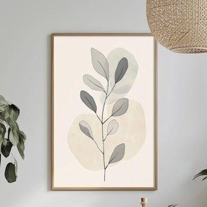 Minimalist Botanical Line Art Print, Neutral Scandinavian Leaf Poster, Modern Beige Living Room & Bedroom Wall Decor