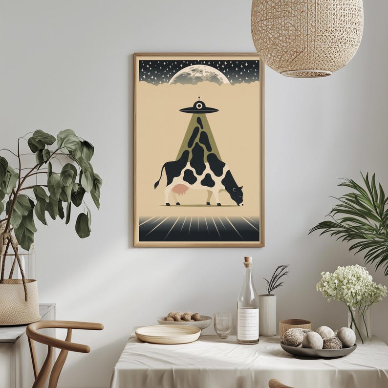Funny Alien Cow Wall Art Print, UFO Farm Decor, Retro Sci Fi Animal ...