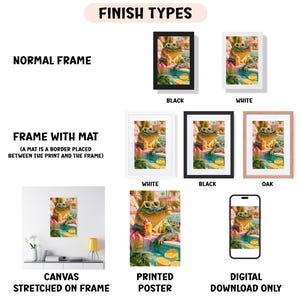 various types of artwork, including a canvas stretched on a frame, a framed poster, and a digital poster. The artwork is presented in different frame colors, such as black, white, and orange. The text indicates that the artwork is a finished type, and it is available in different frame colors, including a mat placed between the print and the frame. The artwork is described as a canvas stretched on a frame, a printed poster, and a digital download only.