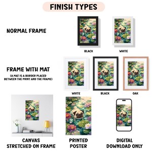 various types of artwork, including a pug in a pond, framed artworks, and a canvas stretched on a frame.