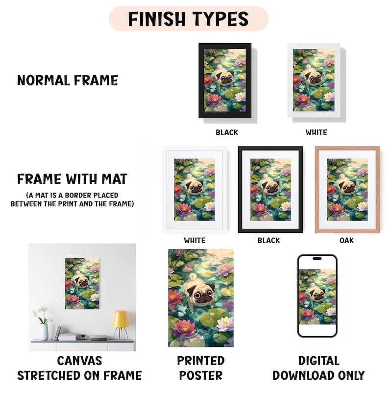 various types of artwork, including a pug in a pond, framed artworks, and a canvas stretched on a frame.