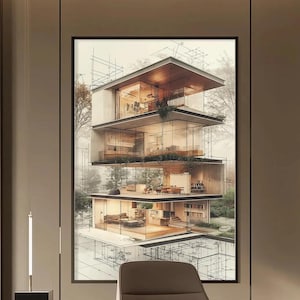Architect Blueprint to 3D House Wall Art, Modern Architecture Poster, Contemporary Office Decor, Minimalist Tech Design Print