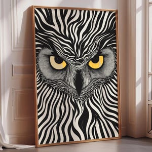 Psychedelic Owl Wall Art – Optical Illusion Bird Print, Vintage Linocut Poster, Gothic Black Cream Statement Decor