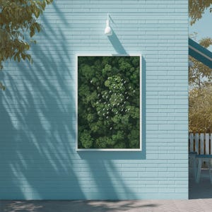 a blue brick wall with a framed aerial view of a lush green forest, showcasing a flock of birds in the center.