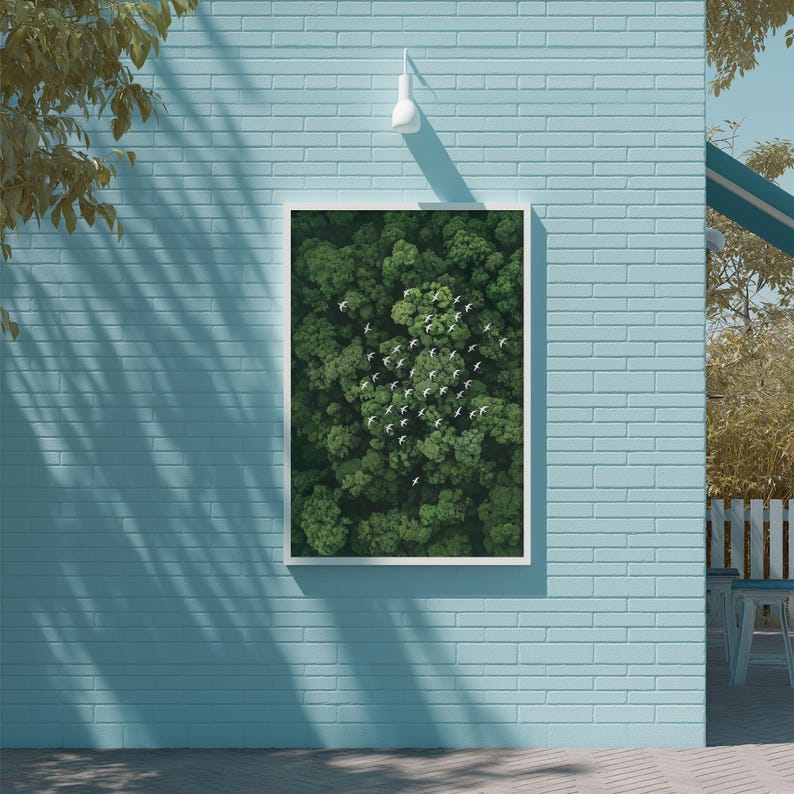 a blue brick wall with a framed aerial view of a lush green forest, showcasing a flock of birds in the center.