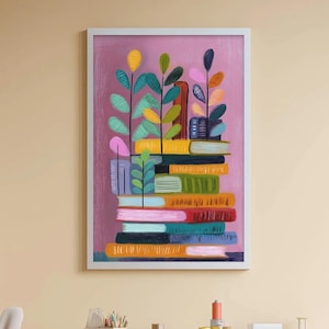 Colorful Book Stack Wall Art Print with Plants, Funky Oil Pastel Library Poster, Reading Decor, Classroom Art, Cozy Study Room Wall Decor