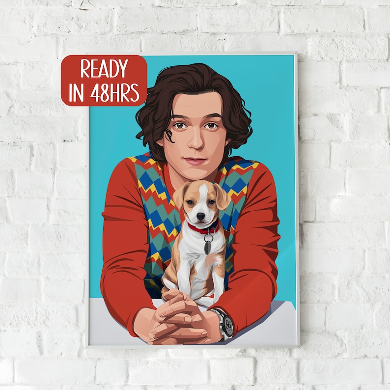 May include: A digital illustration of a person with brown hair and a red shirt with a green and yellow patterned sweater vest holding a small white and brown dog. The background is a light blue color. The text 'READY IN 48HRS' is in a red box in the top left corner of the image.