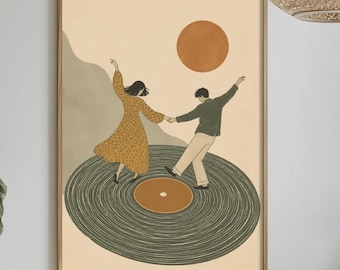 Vintage Vinyl Record Couple Wall Art, Music Lover Print, Retro Dancing Poster