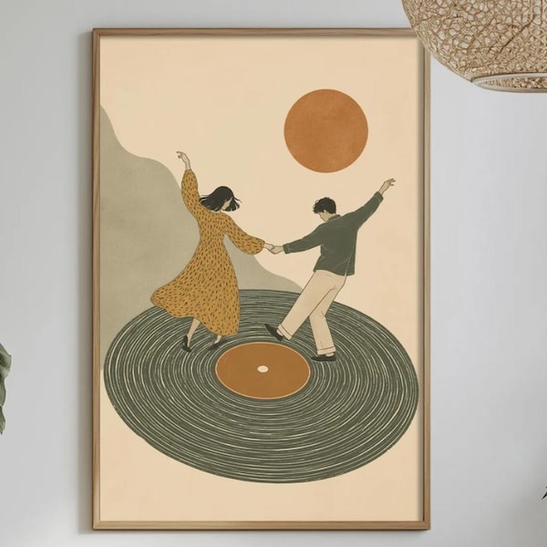 Vintage Vinyl Record Couple Wall Art, Music Lover Print, Retro Dancing Poster