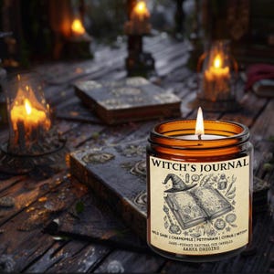 Witch&#39;s Journal Soy candle, Dried sage, witchy candle, manifestation, gifts for witches, cottagecore, smudge, witch candles, magical candles