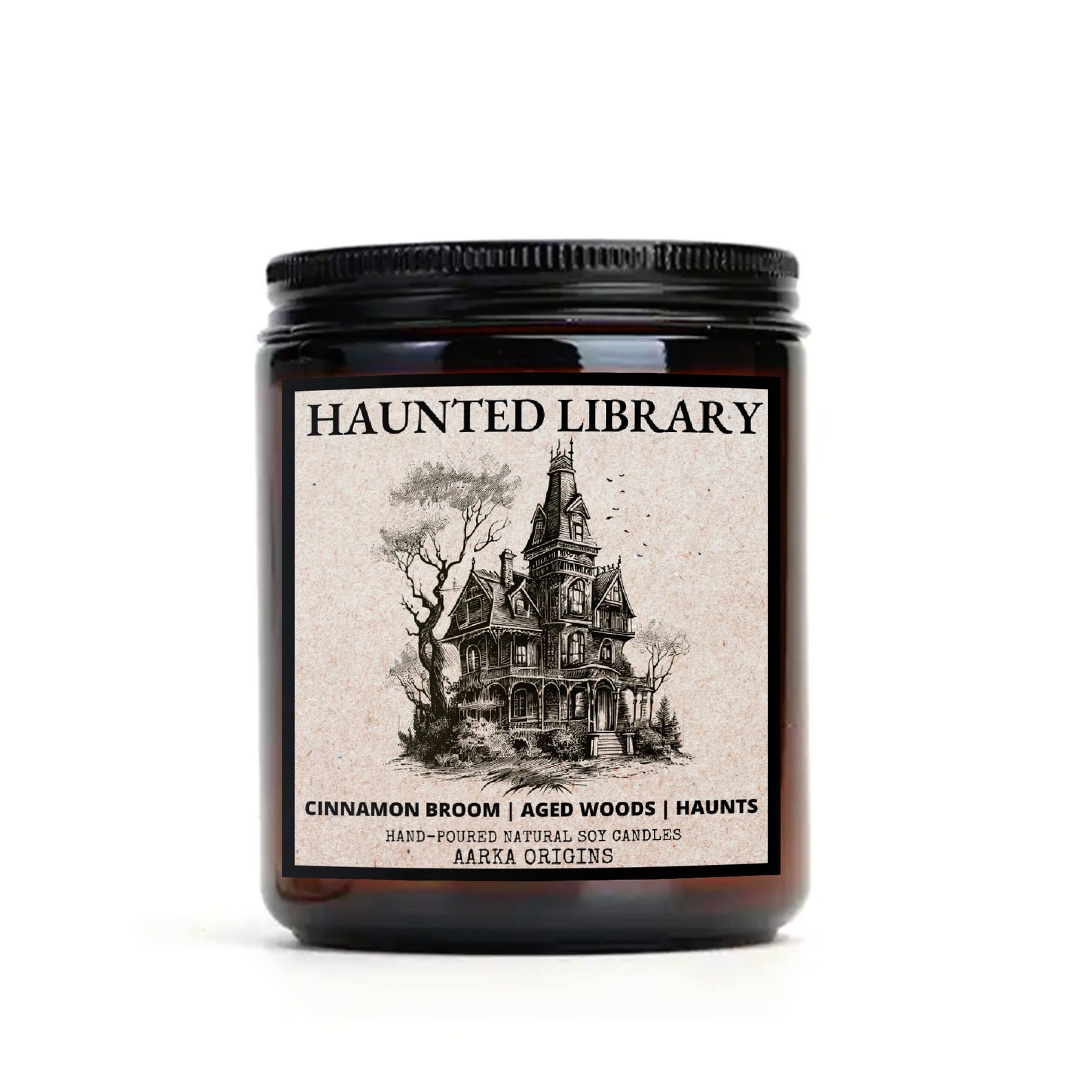 A dark jar candle labeled "Haunted Library" features a detailed illustration of a Gothic mansion surrounded by trees. The background is white.