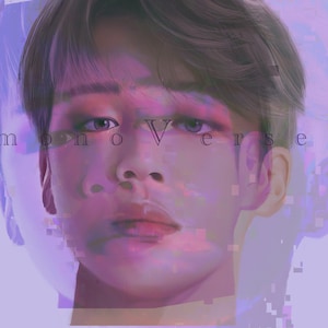 May include: A close-up portrait of a person with short brown hair. The person's eyes are a light blue color and they are looking directly at the camera. The background is a light purple color with a digital glitch effect. The text "monoVerse" is superimposed over the image.