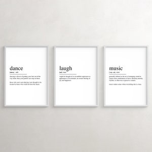 Danza, risa, carteles de definición musical, arte minimalista de la pared, regalo para amigos, decoración escandinava. Conjunto de 3 impresiones