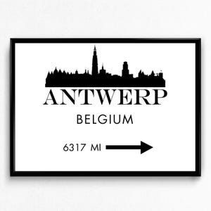 Stampa del cartello chilometrico di Anversa, Belgio. Poster di viaggio moderno. Arte murale con skyline della città. Regalo per la distanza.