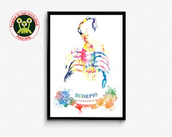 Poster personalizzato del segno zodiacale scorpione, stampa a stella astrologia. Regalo di compleanno, arte murale acquerello