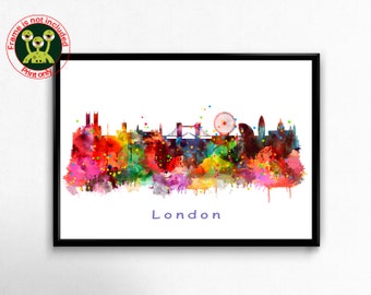 Landmarks Panoramic Cityscape Travel Gift Poster London Skyline Wall Art England Watercolor Painting Print