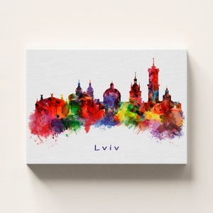 Lviv Ukraine City Skyline Wall Art, Watercolor Print, Ukrainian Gift Poster, Wrapped Canvas - Ready to Hang