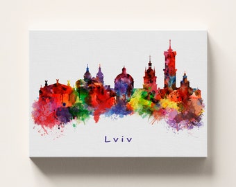 Lviv Ukraine City Skyline Wall Art, Watercolor Print, Ukrainian Gift Poster, Wrapped Canvas - Ready to Hang