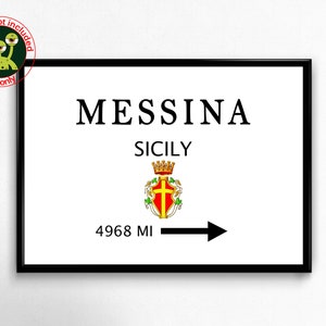 Messina Sicilia cartello stampa chilometraggio. Italia poster moderno. Distanza arte murale. Regalo di viaggio