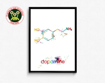 Dopamine Molecule Watercolor Illustration Print. Pleasure Chemical Formula Love Poster. Chemistry Wall Art