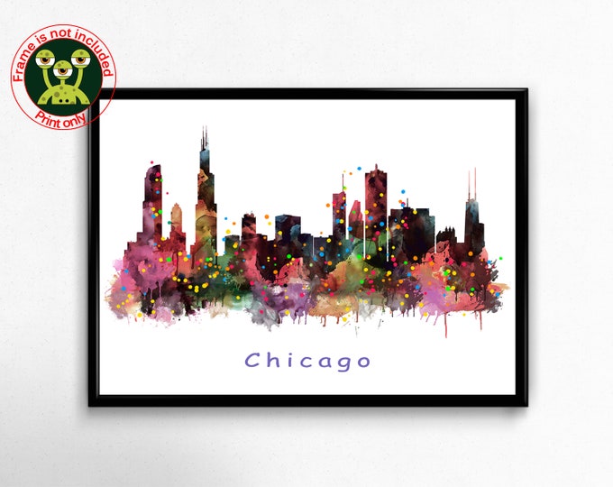 Chicago Skyline Wall Art, Illinois Cityscape Watercolor Painting Print, Panoramic Travel Gift Poster