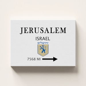 Poster moderno di arte murale di Gerusalemme Israele. Stampa del cartello di chilometraggio. Regalo di distanza. Tela avvolta - Pronta da appendere