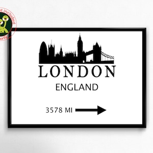 London England Modern Poster. Mileage Sign Distance Print. UK City Skyline Wall Art