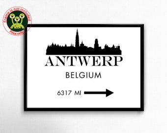 Antwerp Mileage Sign Print. Belgium Modern Travel Poster. City Skyline Wall Art