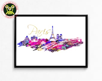 Paris Skyline Watercolor Print. Modern Cityscape Poster. French Decor, France Wall Art, Best Travel Keepsake Gift