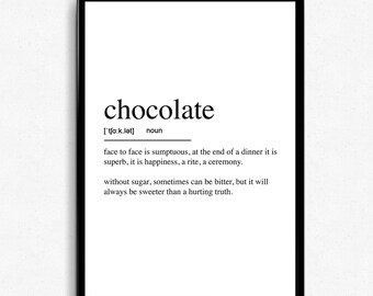 May include: A framed print with the word "chocolate" in a bold, black font. Below the word is the phonetic pronunciation and the word "noun". The definition of chocolate is written below in a black font.