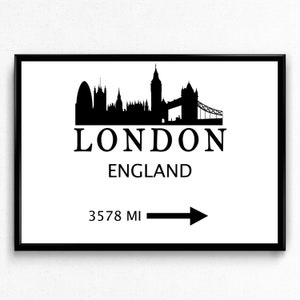 Poster moderno di Londra, Inghilterra. Stampa con cartello di distanza. Skyline della città del Regno Unito. Tela rivestita - Pronta da appendere.