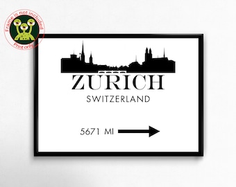 Zurich Print. Mileage Sign. Switzerland City Skyline Wall Art. Distance Poster. Travel Gift