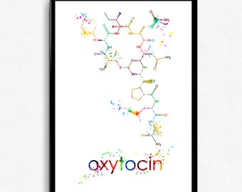 Oxytocin-Molecule Aquarell Druck: Liebe Hormon Leinwand Kunst, Buntes Großes Poster, Stylische Grafik