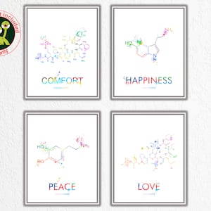 Vasopressin Serotonin Oxytocin Dopamine Molecule Wall Art, Chemical Formula Poster, Comfort, Peace Happiness Love Set of 4 Watercolor Prints