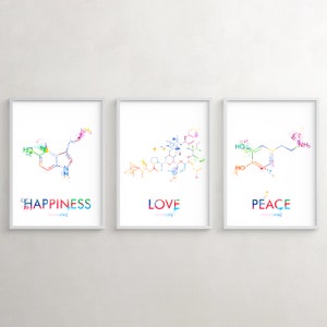 Serotonin, Oxytocin, Dopamine Molecule Poster, Chemistry Wall Art, Peace, Happiness, Love, Encouraging Gift, Set of 3 Watercolor Prints