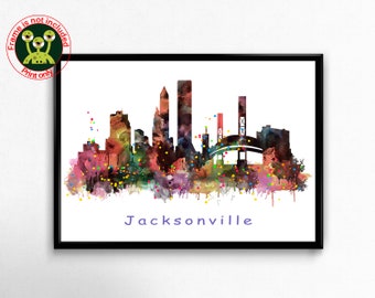 Jacksonville Florida Skyline Wall Art, Cityscape Aquarelle Peinture Print, Affiche cadeau de voyage panoramique