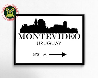 Montevideo-afstandsafdruk. Uruguay moderne reisposter. Skyline van de stad kunst aan de muur. Kilometers teken cadeau